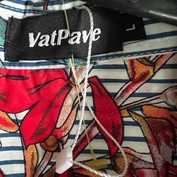 VatPave: Men’s Short Sleeve button down Shirt, stripes with tropical blooms Sz L - Picture 11 of 11